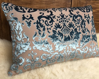 Velvet Jacquard medium blue/beige - noble and elegant, decorative cushion cover, historical ornaments, , luxury Cover pillow