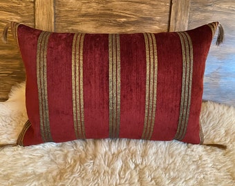 Samt Brokat Kissenhülle rot/goldbronze - Streifen, Eck-Fransen, Mittelalter, Middle Age, woven fabric Cover Pillow (4 Grössen)