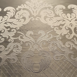 noble satin decorative fabric beige/light beige embroidered with historical ornaments (Baroque) fabric width 190 x 300 cm