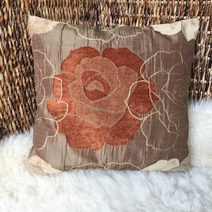 Jacquard cushion cover, reversible cushion - light brown/light beige/terracotta, chenille, taffeta embroidered flowers, high quality