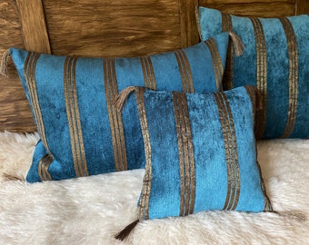 Samt Brokat Kissenhülle blau/goldbronze - Streifen, Eck-Fransen, Mittelalter, Middle Age, woven fabric Cover Pillow