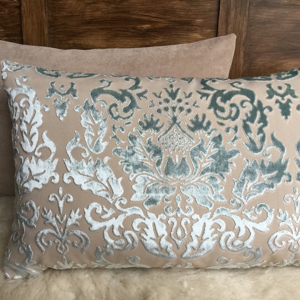 Samt Jacquard Kissen hellblau/beige - edel und elegant, luxery Cover pillow Dekokissenhülle, historische Ornamente