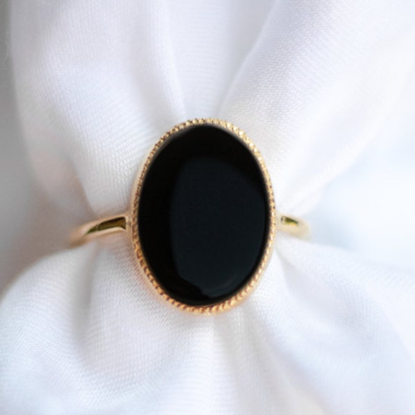 14k GOLD BLACK ONYX Handmade Vintage Ring, Hand Engraved Halo, Genuine Natural Oval Onyx Solitaire for Engagement, All Sizes, Free Shipping
