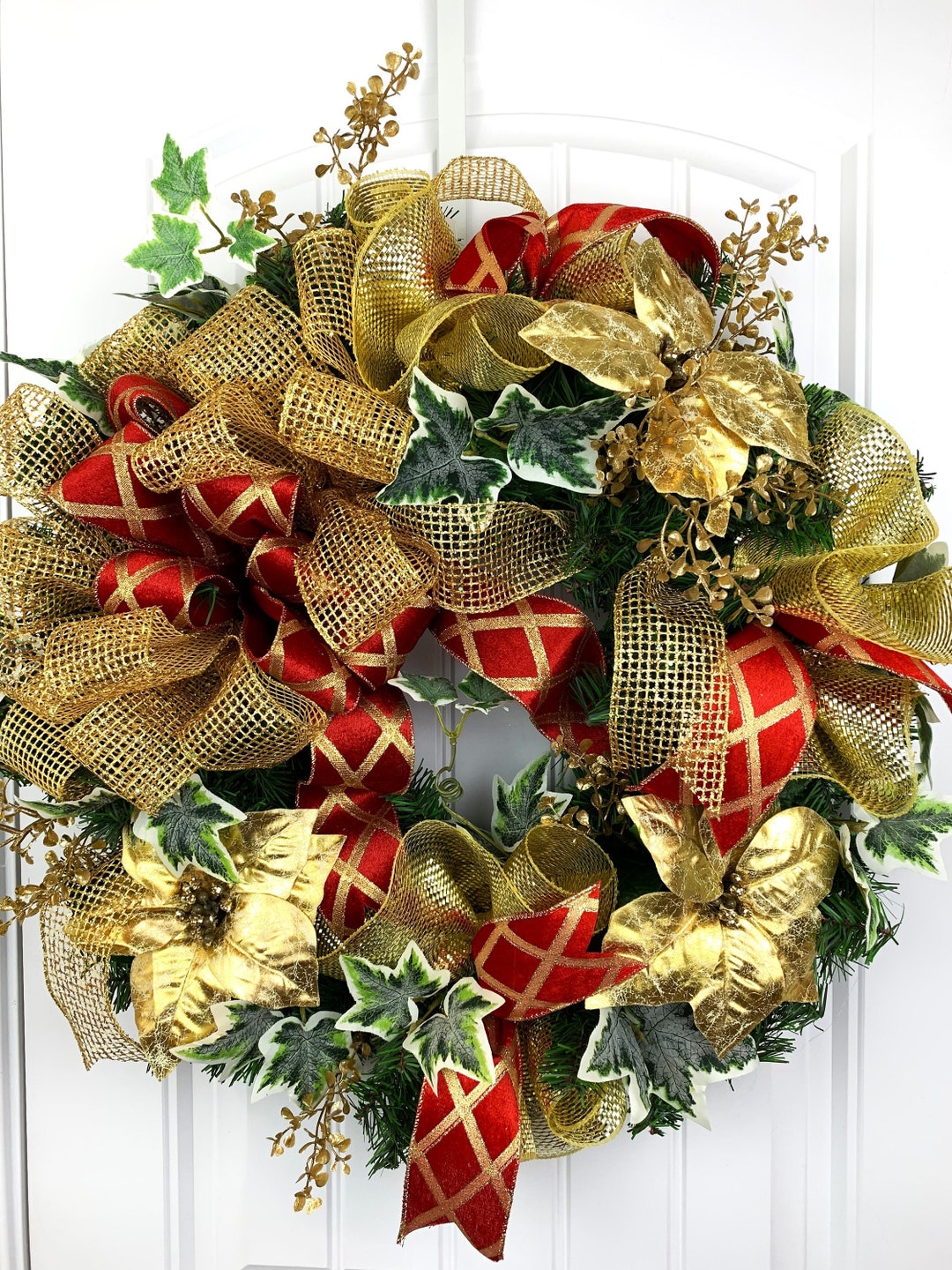 Red and Gold Holiday Wreath for Door, Traditional Christmas Wreath for ...