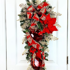 Elegant Holiday Swag, Christmas Swag, wreath  with gems,  Luxe holiday swag,Swag with poinsettias, Lush Christmas swag, Red and gold swag