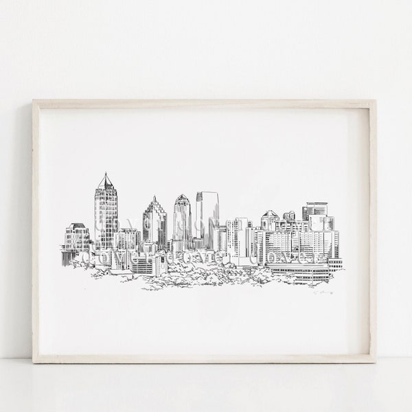 Atlanta Fine Art Print, georgia, ga, skyline, art, christmas gift, birthday gift, gifts under 30, office gift, hand drawn