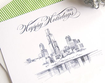 May include: Holiday greeting card featuring a pen and ink illustration of the Chicago skyline. The words "Happy Holidays Chicago" are written in elegant script above the cityscape. The card has a green and white striped border.