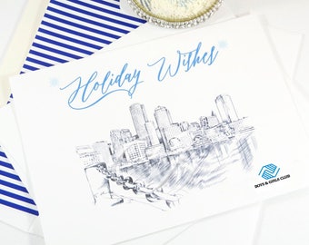 May include: White greeting card with a blue and white striped envelope. The card features a sketch of a city skyline and the words "Holiday Wishes" in light blue script. The Boys & Girls Club logo is in the bottom right corner.