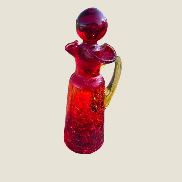 Blenko Red & Yellow Crackle Glass Cruet