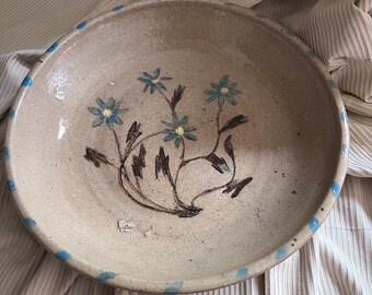 Home Studio Hand Made Pottery Pie Plate. Blue Flowers