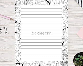 DIGITAL DOWNLOAD ONLY | Printable | Coloring Book Style Stationary Paper - Writing Stationary - Kid Friendly - Koi Fish - Black and White
