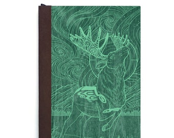 Refillable Journal/ Travel Journal/ Writing Journal/ Handmade Book/ Wood & Vegan Leather Book/ Moose/ Aurora Borealis/ Green/ Blue/ Brown