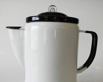 White Enamelware Coffee Pot with Black Lid & Trim