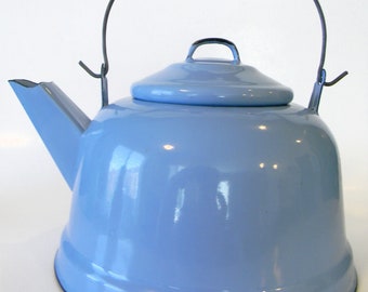 Blue Enamelware Tea Kettle with Wire Bale