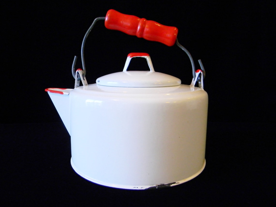 White Enamel Tea Kettle With Red Trim & Red Wooden Handle Etsy