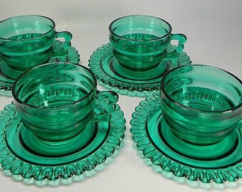 Four Rare Terrace Green Christmas Candy Cups & Saucers by Indiana Glass