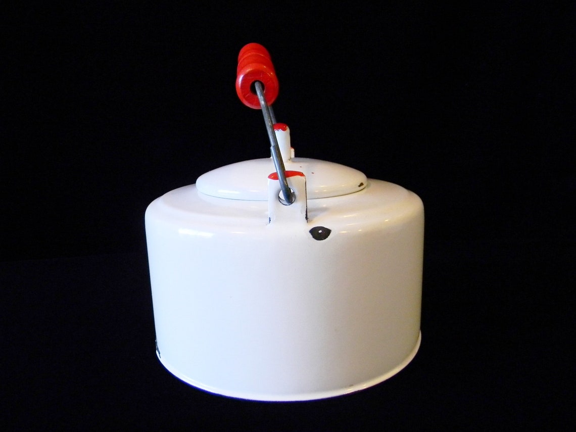 White Enamel Tea Kettle With Red Trim & Red Wooden Handle Etsy