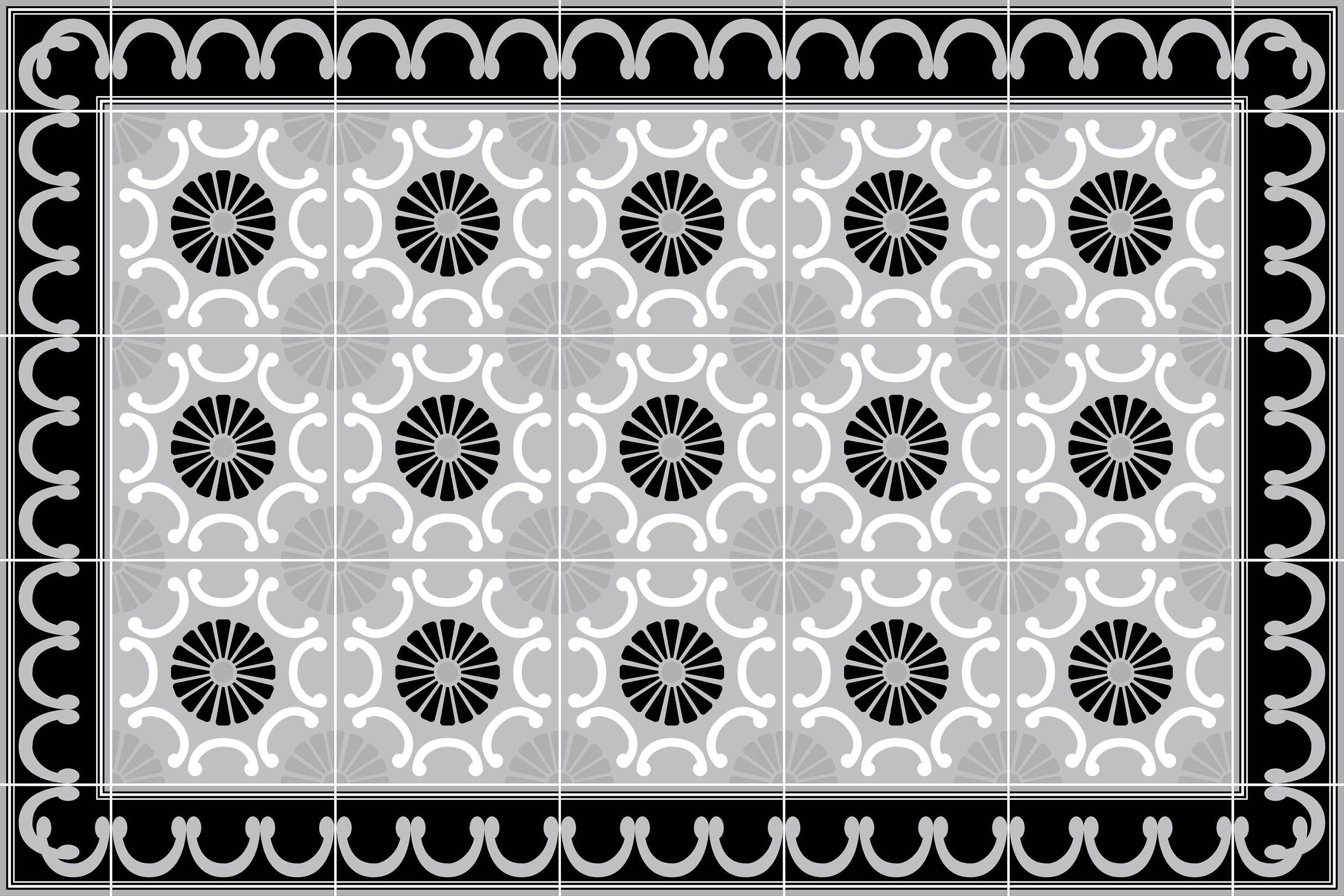 Tapis Vinyle Pré Fleuri Gris Noir et Blanc