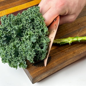 May include: A person is using a copper knife to remove the stem from a bunch of fresh green kale on a wooden cutting board.