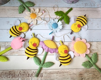 Guirlanda de flores e abelhas em feltro, decoração de parede para quarto de bebê, banner para chá de bebê, decoração de primavera feita à mão, guirlanda para berço.