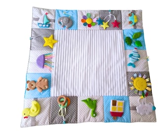 Montessori Baby Play Mat, Organic Cotton Sensory Activity Blanket, Tummy Time Mat, Baby Floor Toy, Baby Shower Gift