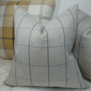 Könnte beinhalten: Ein graues und blaues Kissen mit Karomuster und Fischgrätenmuster. Das Kissen ist aus einem weichen, strukturierten Stoff.