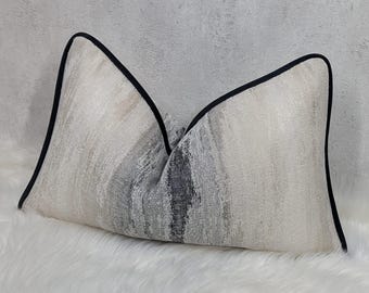 Funda de cojín de 30 x 50 cm con ribete neutro, raya central, textura gris marfil, almohada decorativa moderna para sofá, hecha a medida, funda de almohada rectangular