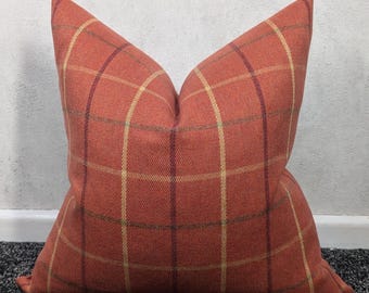 Funda de cojín con cuadros naranja quemado – Cojín decorativo rústico de terracota – Decoración de estilo campestre otoñal – 50 x 50 cm