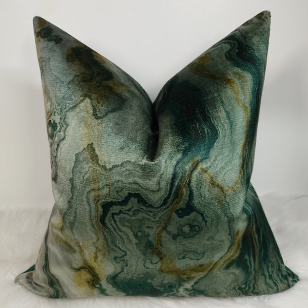 Magma Emerald Gold Handmade Cushion Cover Marble effect, Designer Panaz fabric in Velvet Green And Gold Pillow Throw for sofa bed couch snug