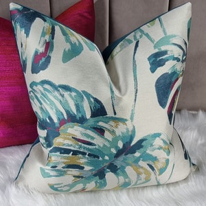 Designer Harlequin Kelapa fabric Tropical Cheese plant Leaves Print Cushion Cover Lagoon/Cerise