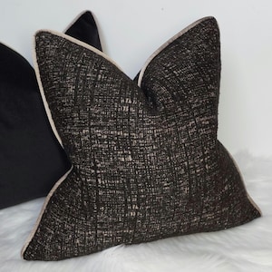 Black Tweed Cushion Cover with Bronze Satin Piping Luxury Decorative Pillow Cover Modern Textured Black Pillow Cover | Bronze Satin Trim |