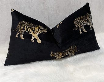 Rectangle Cushion Cover Tiger Print Pillow Cover Oblong 12"x22" (30cmx55cm) Porter & Stone Tiger Noir Black  Cushion Cover