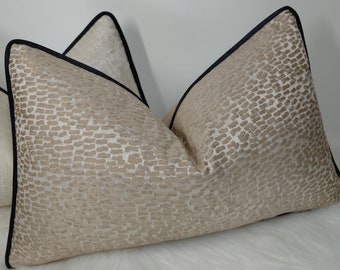 Antelope Champagne Gold Black Piped Cushion Cover Textured Modern Home Decor for Chair Sofa and Bed Pillow Cover Designer, Design No 12