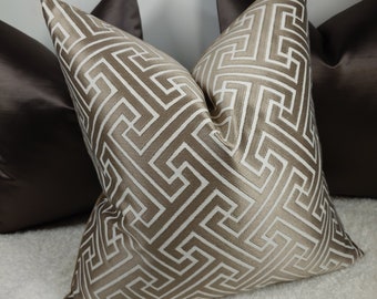 Greek Key Cushion Cover in Linen / Chocolate Brown Luxury Pillow Cover New Home Sofa and bed Cushion Cover