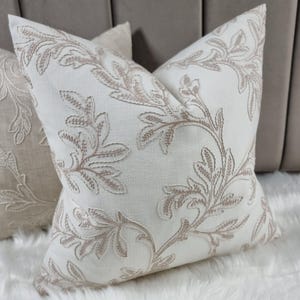 John Lewis & Partners Acanthus Fabric Cushion Cover Crewel Beige Embroidery on Off white Cotton Background - Pillow Throw Country Home.