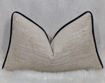 Funda de almohada lumbar negra con ribete beige/dorado de chenilla texturizada. Funda de almohada/cojín decorativo para sofá cama Euro Sham
