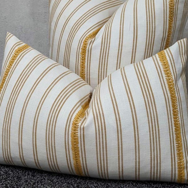 Funda de cojín de lino amarillo mostaza con rayas bordadas de 30 x 50 cm / Cojín texturizado francés / Decoración rústica costera