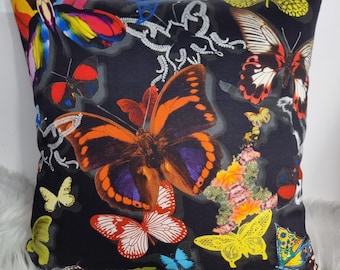 16"x16" Christian Lacroix Butterfly Parade Velvet Reverse Cushion Cover Black, Orange Butterfly