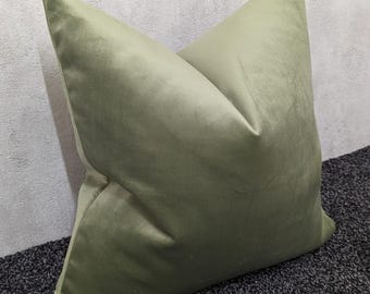 May include: A sage green velvet throw pillow. The square pillow is leaning against a light gray wall and rests on a dark gray carpet. The pillow has a soft, plush appearance.