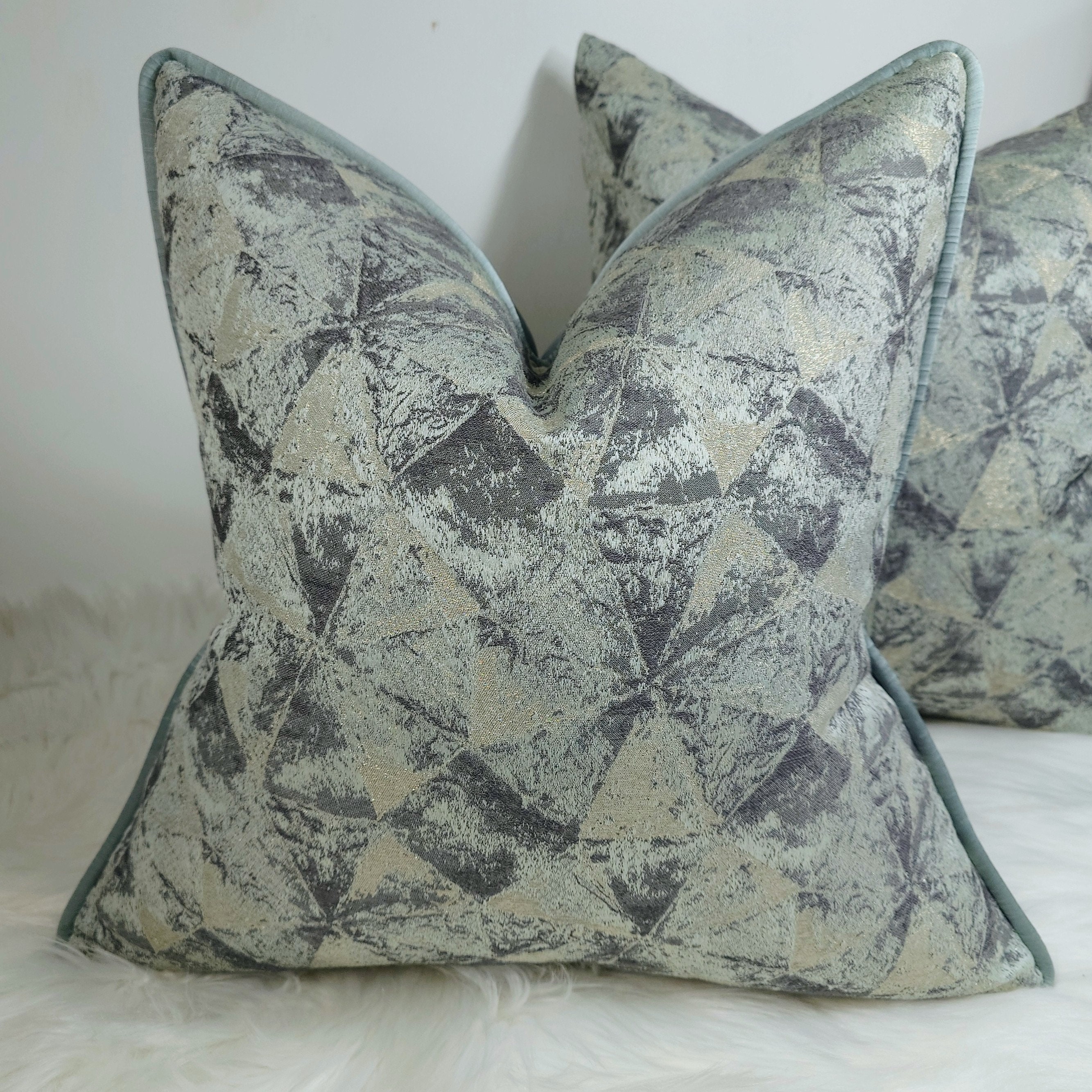 Geometric Duck egg & Gold, Piped in Luxury Satin Mint Green Gold fabric Jacquard Design Pillow metallic Gold Thread Detail Cushion Cover
