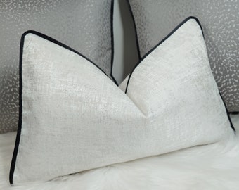 Kidman Ivory White Luxury Cushion Cover Metallic Silver Black piped Modern Home Decor Contemporary Sofa & Bed Pillow Cover Designer Handmade
