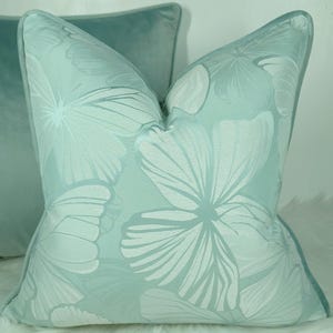 17"x17" Laura Ashley Butterfly Garden Cushion Cover Piped in Duck egg Velvet Fabric, Handmade with a Zip Fastening