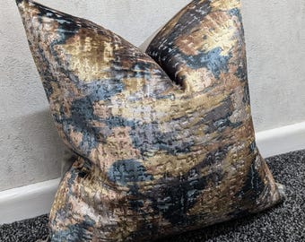 Funda de cojín abstracta de lujo en azul verdoso y bronce / Cojín de diseño texturizado de terciopelo para sofá y decoración del hogar