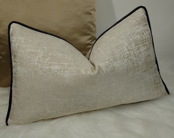 Kidman Cream Luxury Cushion Cover Metallic Silver Black piped Modern Home Decor Contemporary Sofa & Bed Pillow Cover Designer Handmade