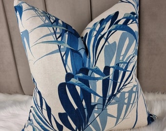PALM HOUSE by Sanderson Handmade Cushion Cover Cotton Linen  Eucalyptus / Blue & Cream Foliage Oasis Cushion/ Pillow Throw