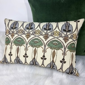 Funda de cojín Art Deco de Mackintosh Belle Epoque Petrol Rose Green Funda de almohada lumbar Charles Rennie Art Nouveau Estilo escocés de los años 20