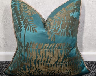 Funda de cojín con ribete verde esmeralda y bronce, estilo arlequín, extravagancia, decoración moderna para el hogar, ideal para sillas, sofás y camas. Forma rectangular.