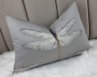 Harlequin &quot;DEMOISELLE&quot; Graphite / Almond Cushion Cover Velvet on Reverse Dragon fly print Lumbar rectangular