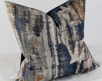 John Lewis Aquaria Indian Blue Abstract Design Fabric Cushion Cover - Decorative Throw Pillow -Navy Velvet on reverse of the cover.