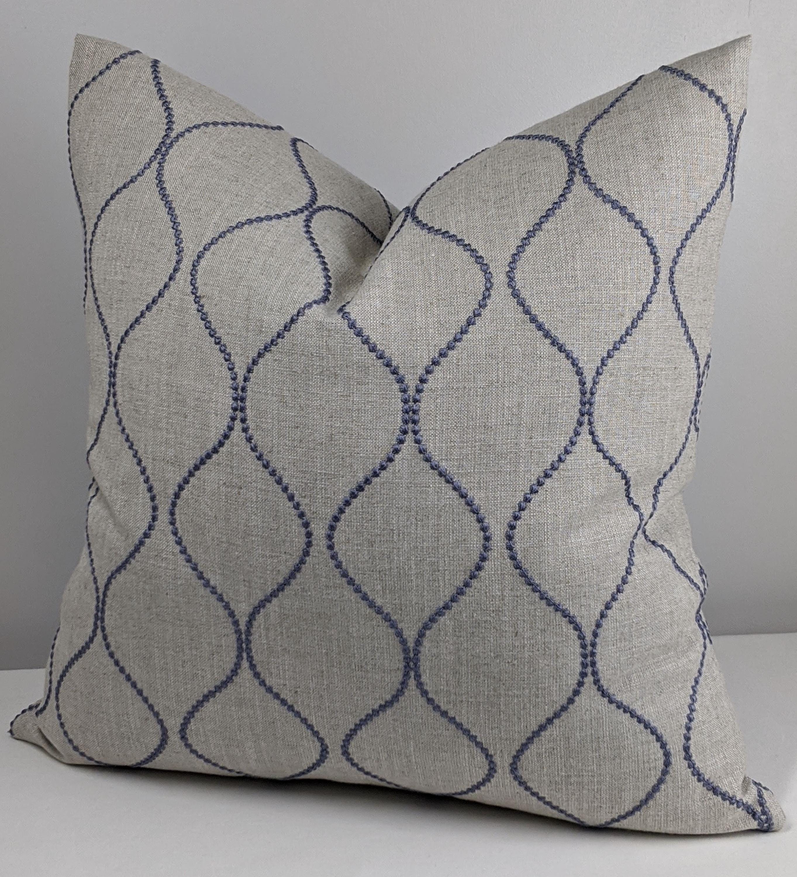 John Lewis & Partners Ellewood Knot Fabric Cushion Cover Denim Blue Embroidery Ogee Style Pillow Throw Scatter Cushion cover Country Home.